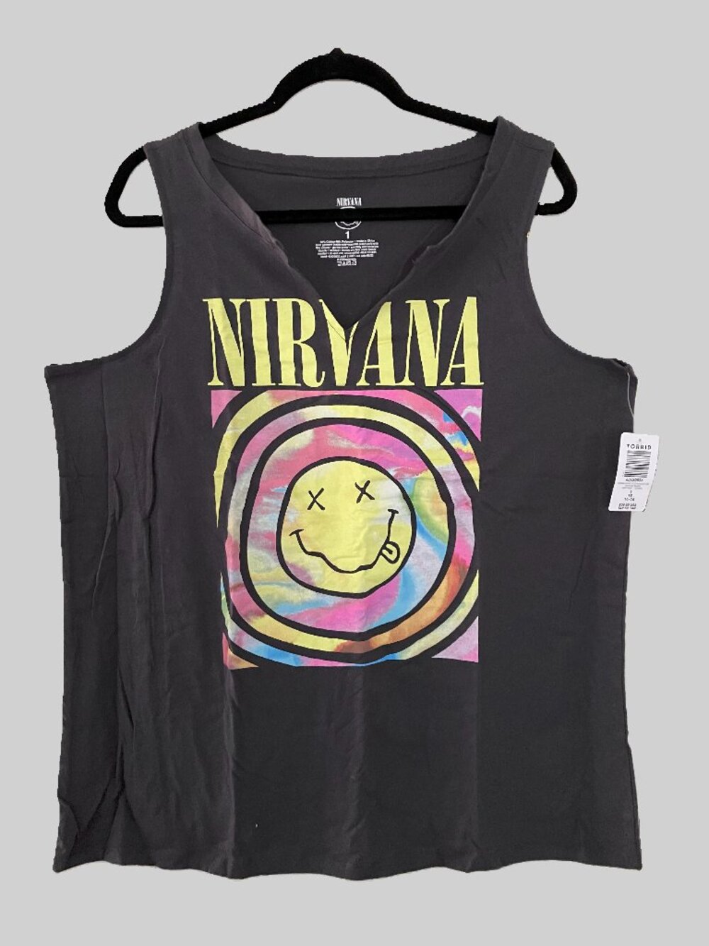 Torrid NWT Size 1 (14-16) Nirvana Tank Top V-Neck Black with Graphic